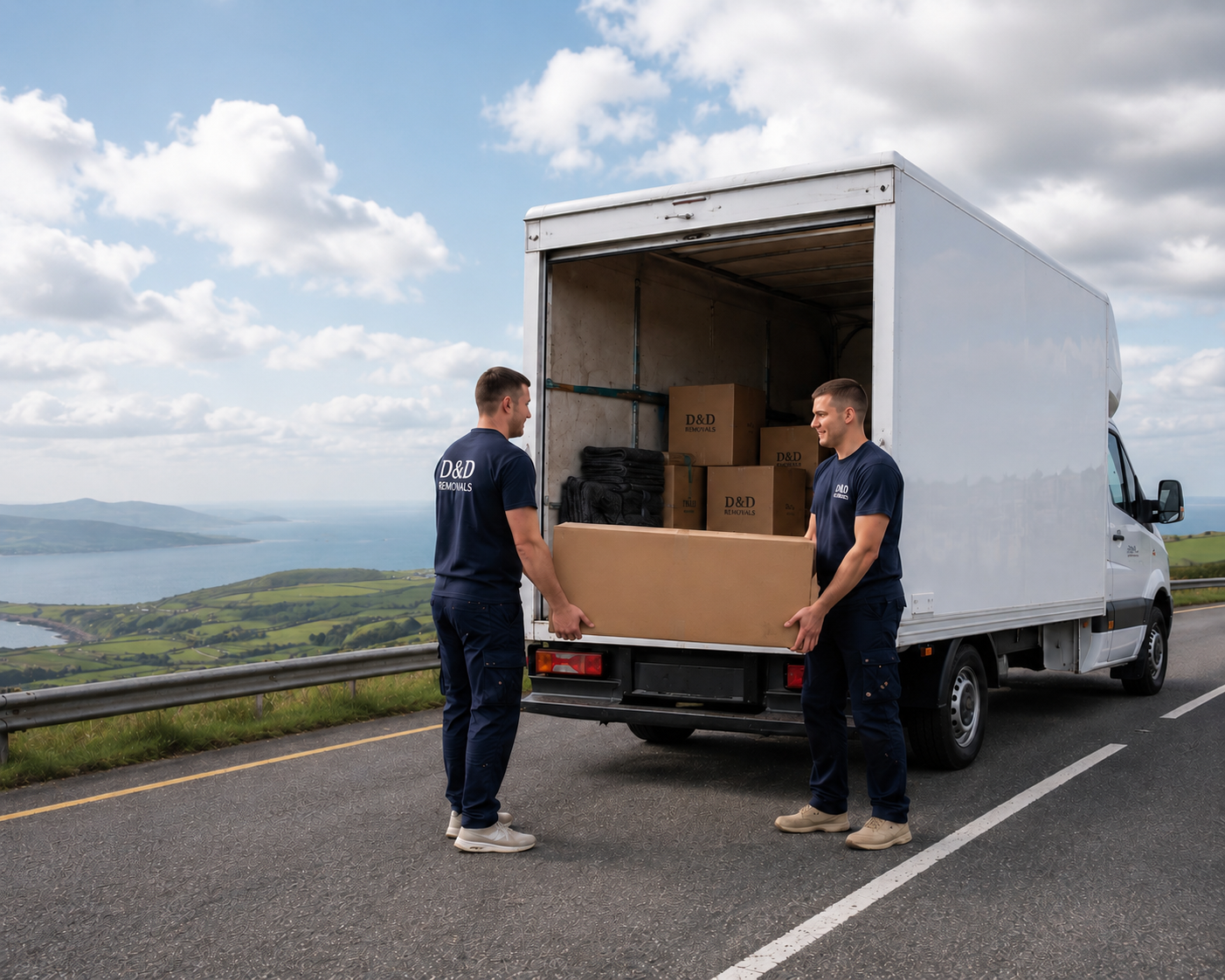 DSN Removals team and the XLWB box van on an Irish country road with the team handling a large box